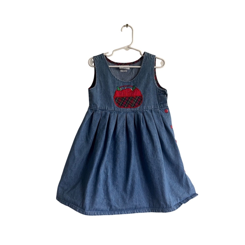 Vintage Samara Girls Denim Jumper Dress Apple Plaid Accent Blue Red Size 4
